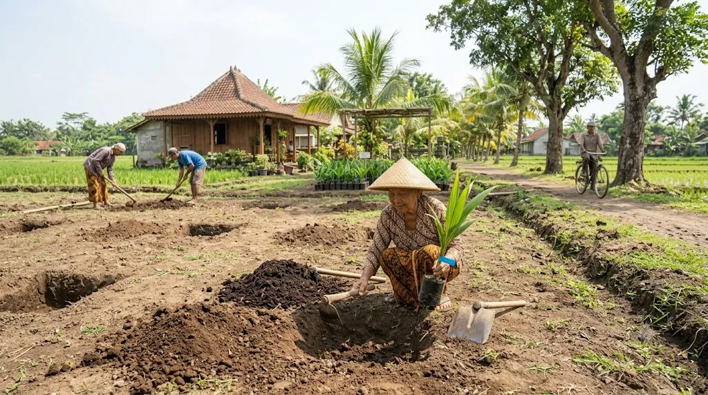 Menyiapkan lahan untuk menanam kelapa genjah. [AI Generated]