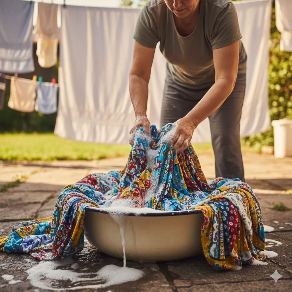 Persiapan Sebelum Mencuci Sprei Berwarna yang Dekil (c) Ilustrasi AI