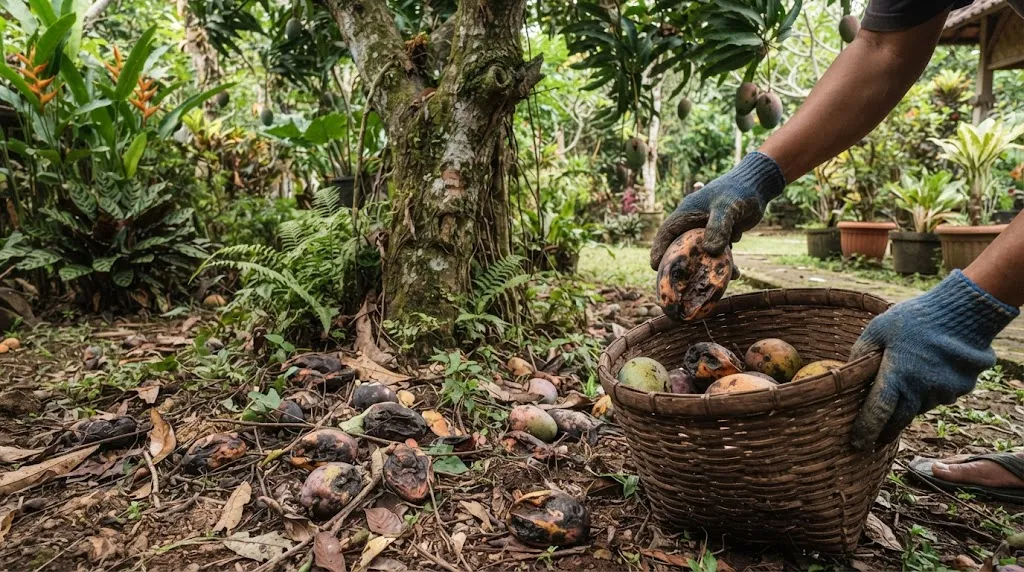 Bersihkan Buah yang Jatuh di Sekitar Pohon. (AI Generated)