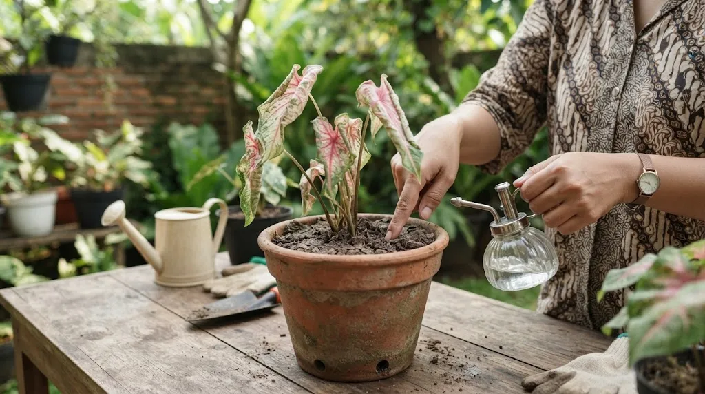 Cara Mengatasi Daun Keladi Menggulung dan Layu/AI Generated