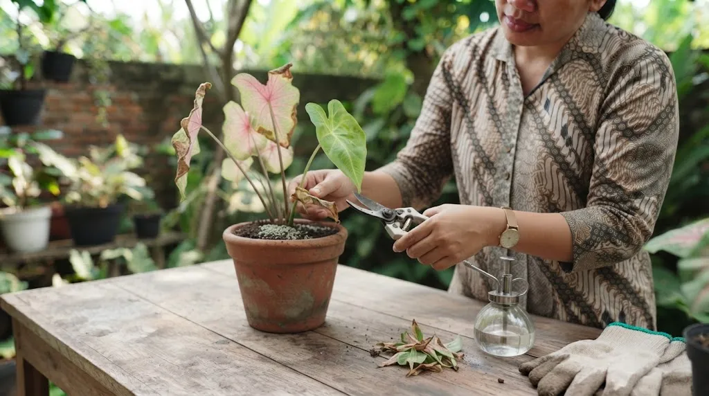 Cara Mengatasi Daun Keladi Menggulung dan Layu/AI Generated