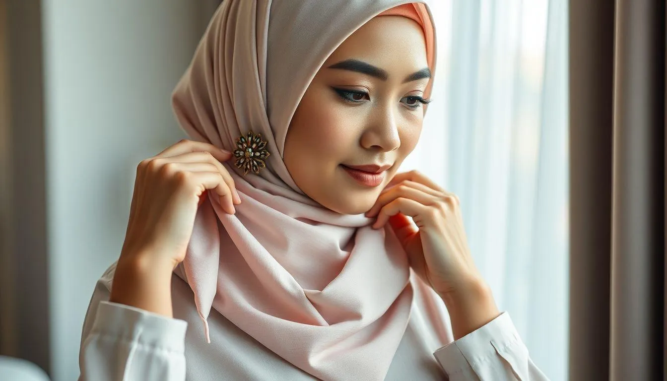 Seorang perempuan berhijab dengan bros (c) Ilustrasi AI