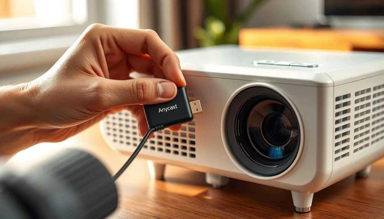 7. Cara Menggunakan Proyektor Mini ke HP dengan Dongle Wireless Display (c) Ilustrasi AI