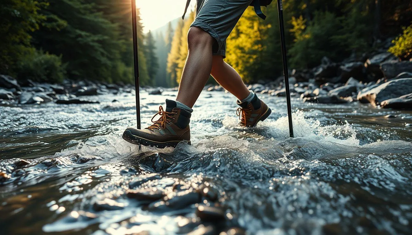 8. Cara Menggunakan Trekking Pole untuk Menyeberangi Sungai (c) Ilustrasi AI