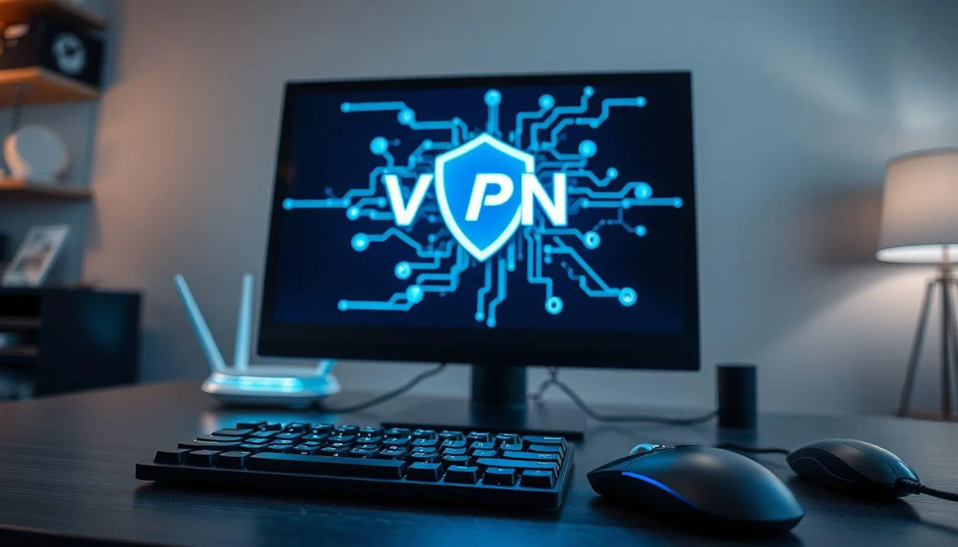 Potret layar laptop dengan logo VPN (c) Ilustrasi AI