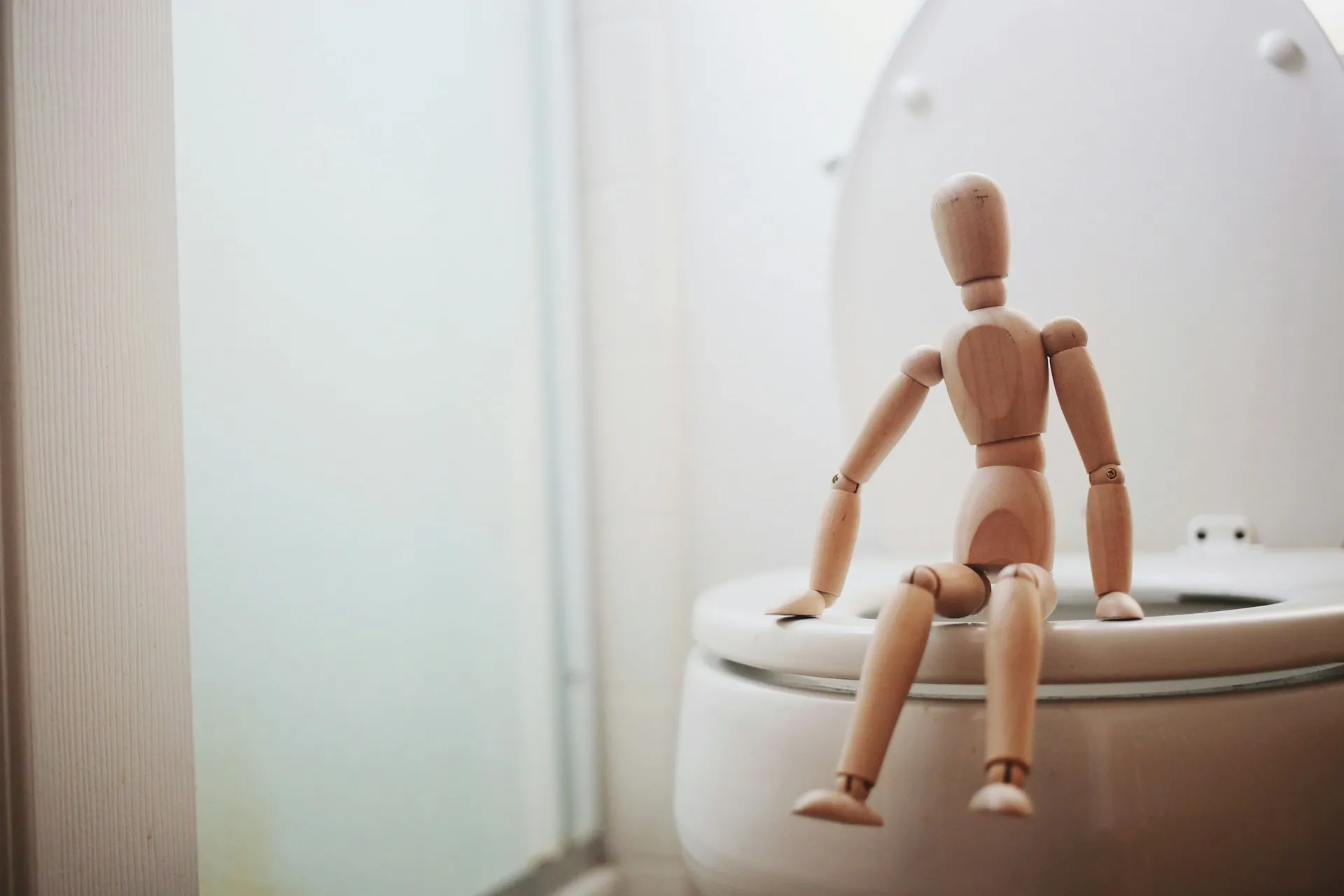Boneka kayu duduk di atas WC (credit: Unsplash)