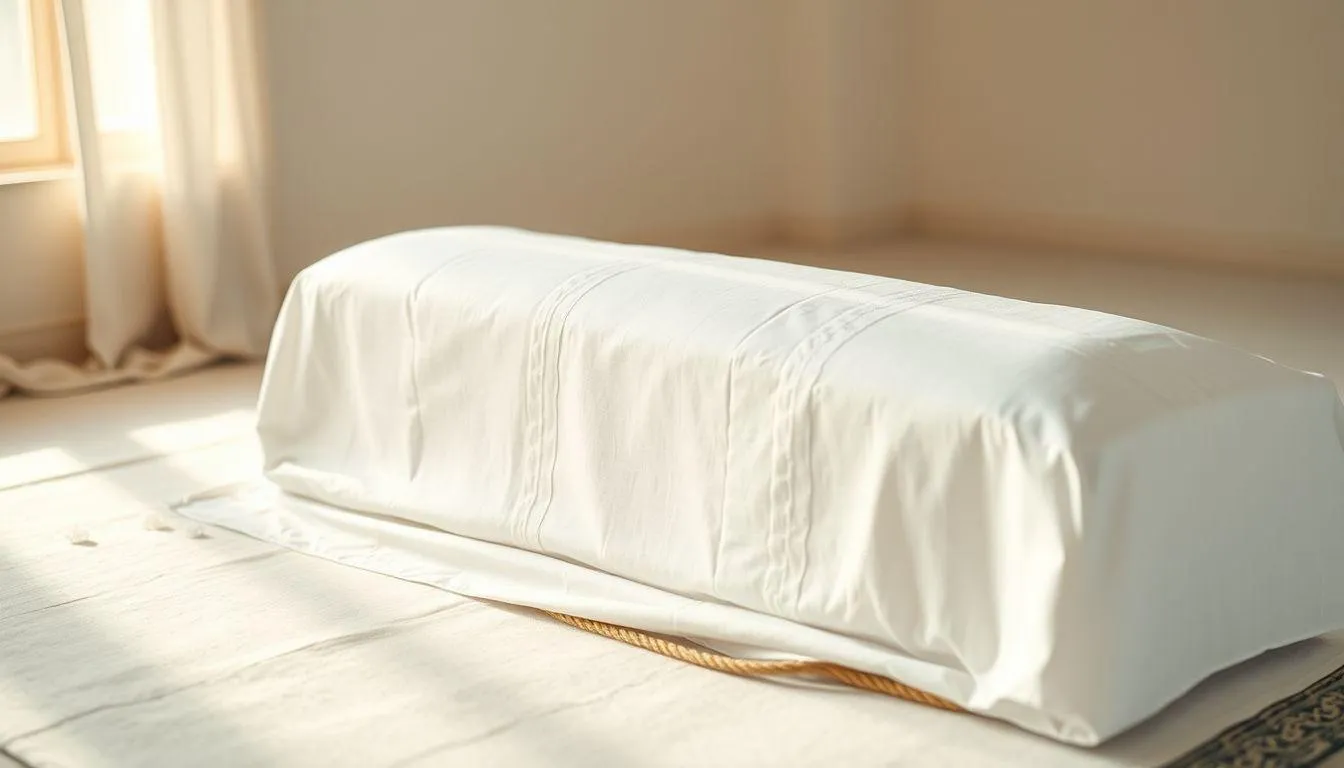 2. Mengkafani Jenazah dengan Kain Putih Bersih (c) Ilustrasi AI