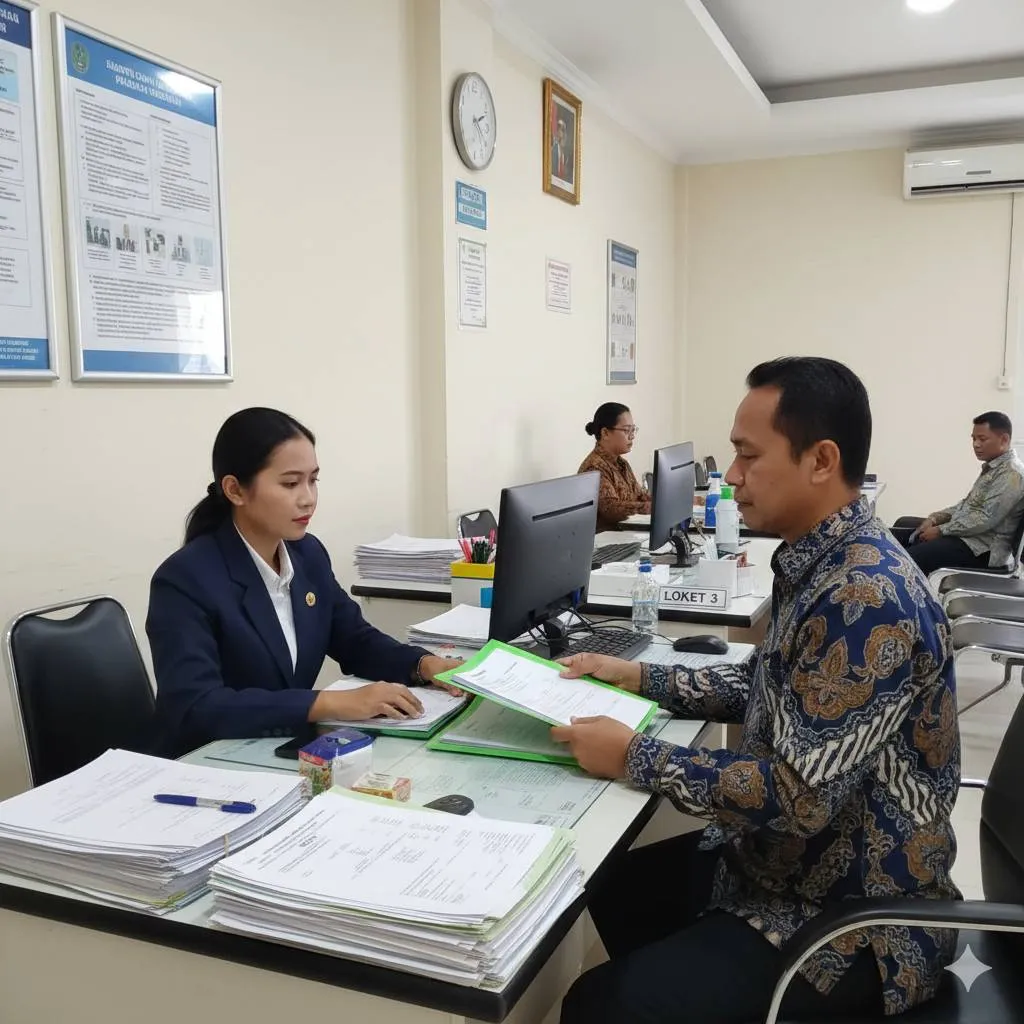 buatkan  foto pria sedang megurus SIUP di kantor (c) Ilustrasi AI