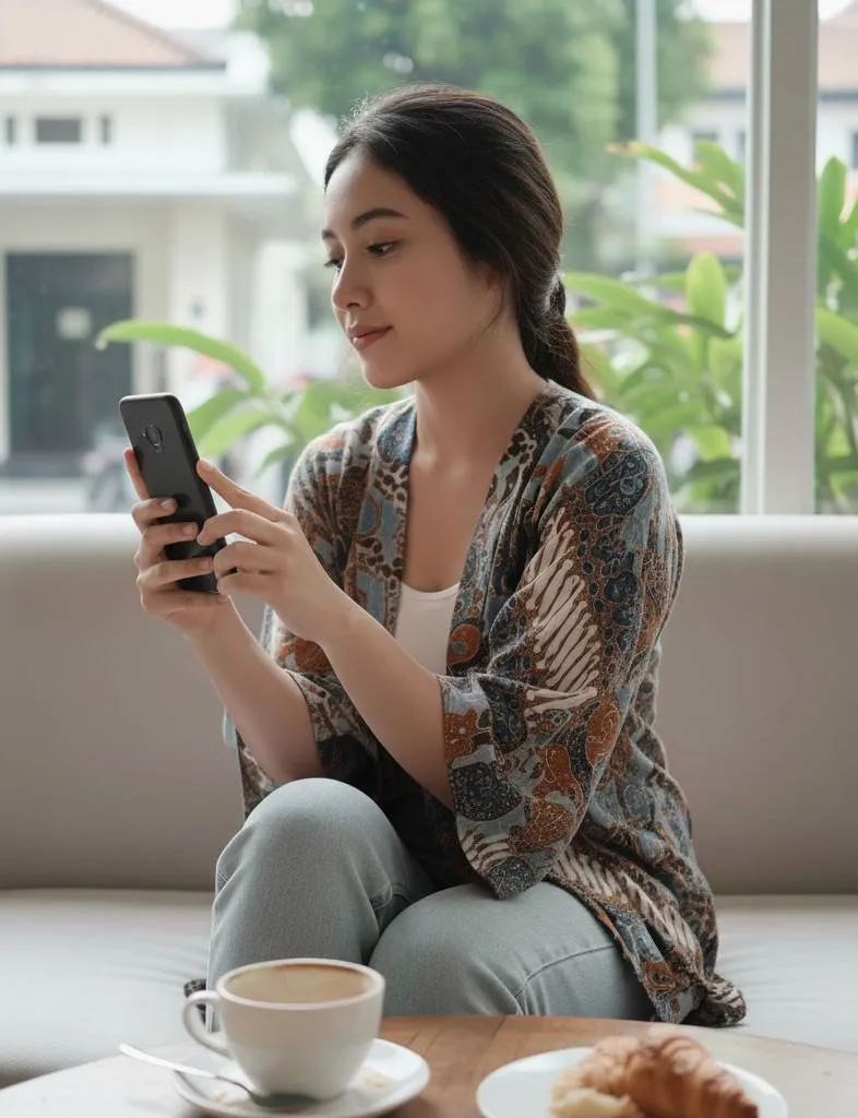 perempuan main hp - image by AI