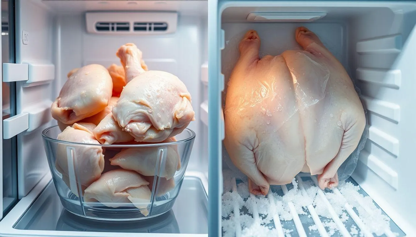 Perbedaan Penyimpanan Ayam Rebus di Kulkas dan Freezer (c) Ilustrasi AI