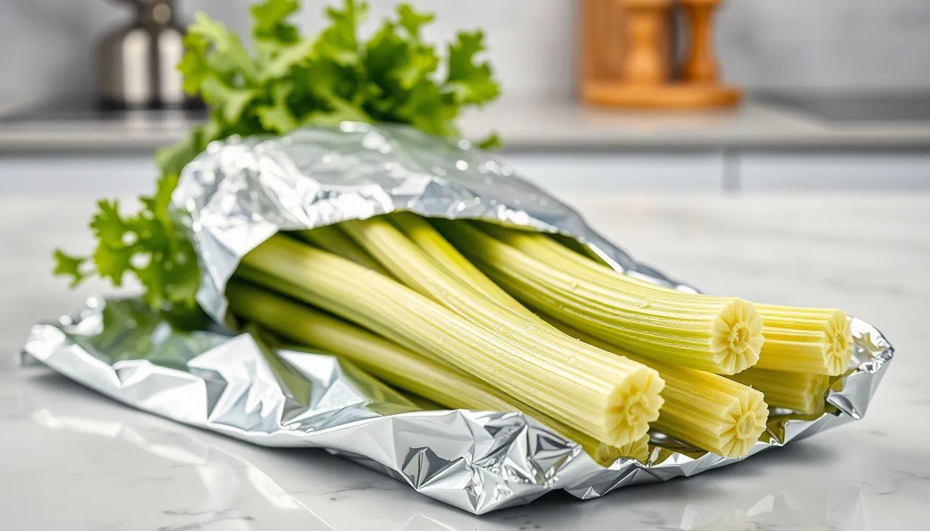 Cara Menyimpan Seledri di Kulkas dengan Aluminium Foil (c) Ilustrasi AI
