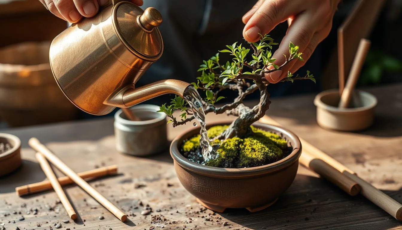 1. Teknik Menyiram Bonsai yang Benar (c) Ilustrasi AI