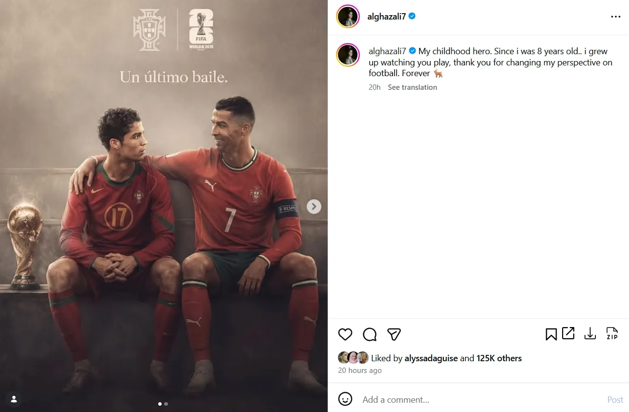 Al Ghazali sedih Ronaldo tersingkir dari Piala Dunia Â© instagram.com/alghazali7