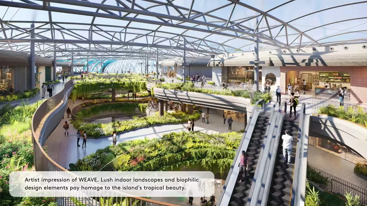 Ilustrasi area berbelanja dan bersantai hijau di WEIVE. (c) RWS