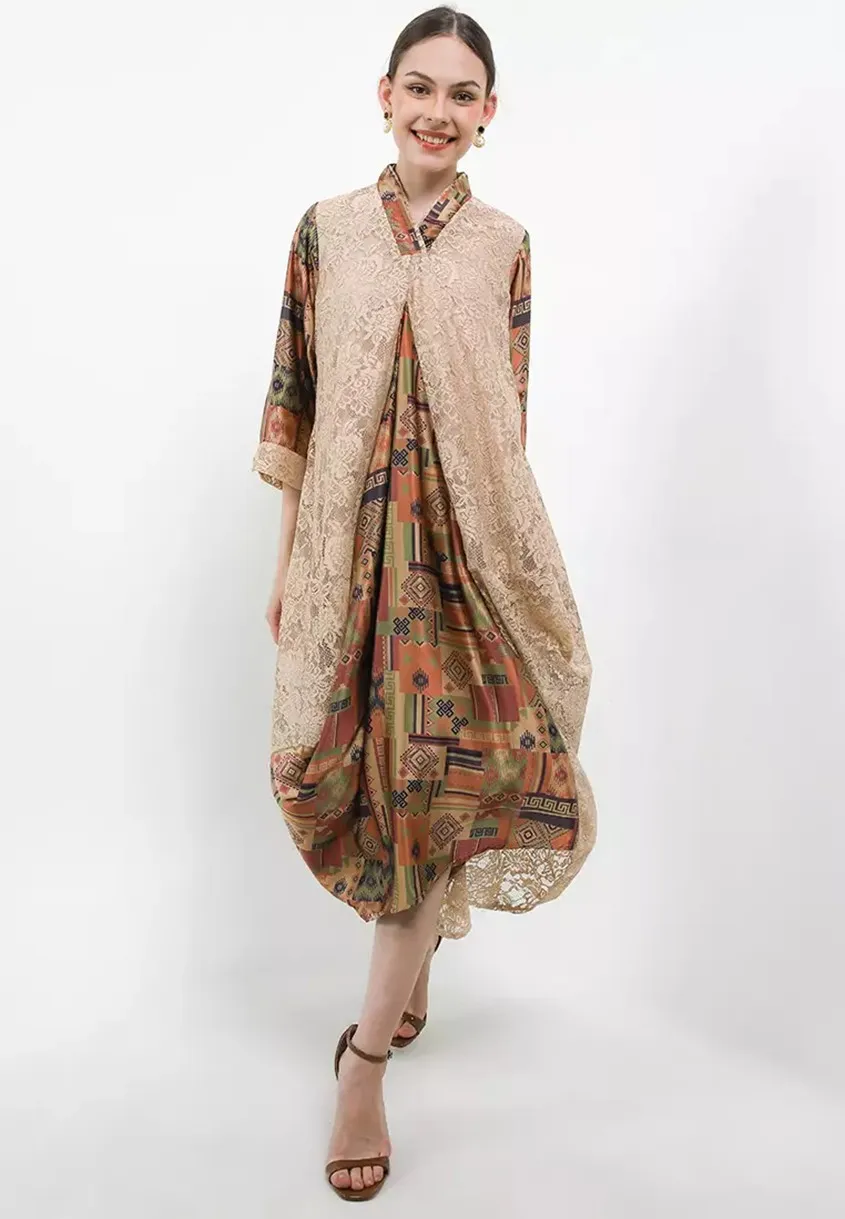 Asymmetric Dress V-Double 7/8-length Slv C&S+Lining - Batik First