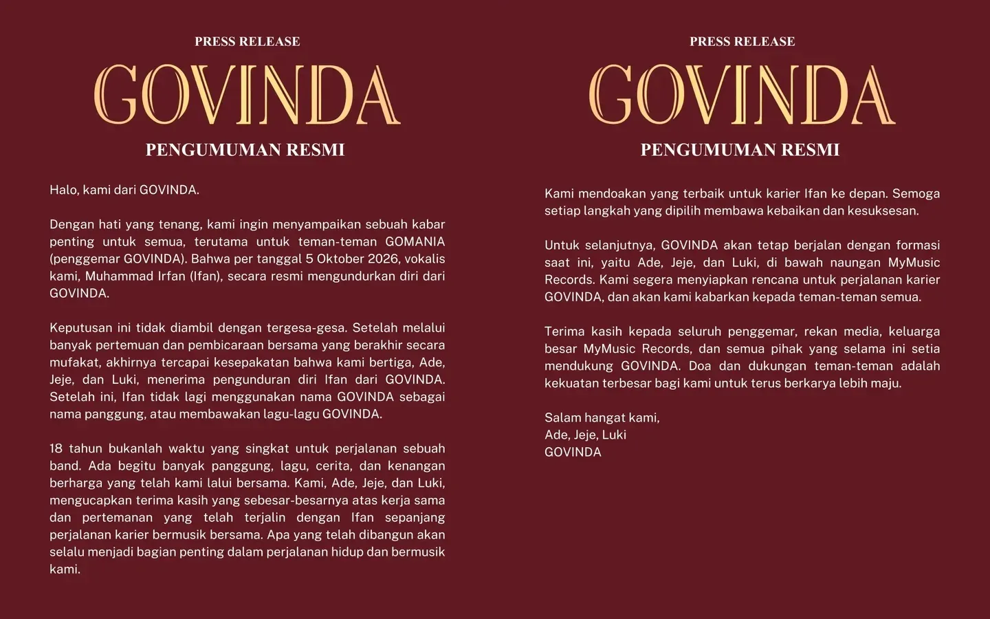 Pengumuman Govinda di Instagram © instagram.com/govindaofficial