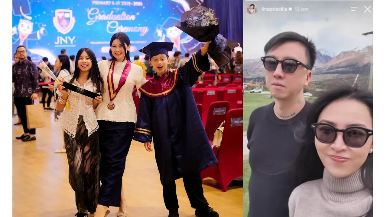 Foto Iris Wullur dengan kedua anaknya (kiri). foto Andreas Wullur dengan selingkuhannya, Lina Priscilla (kanan).