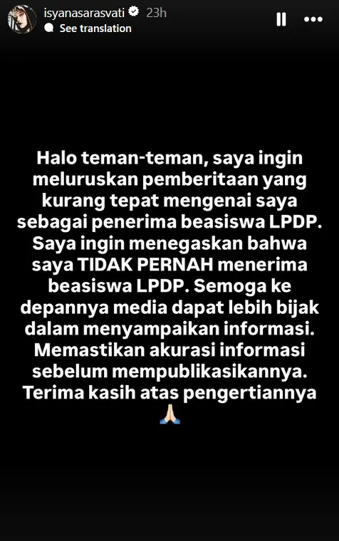 Bantahan Isyana soal beasiswa LPDP © instagram.com/isyanasarasvati