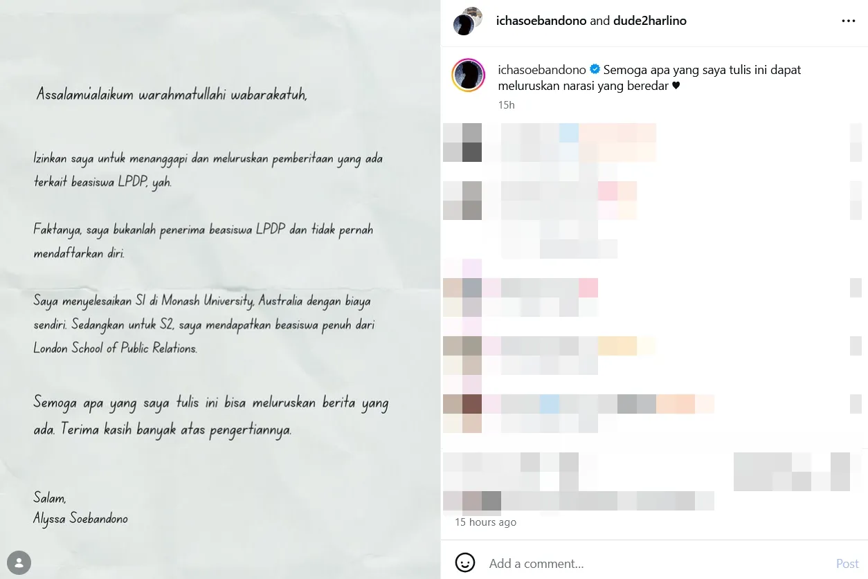 Alyssa Soebandono bantah dirinya mendapatkan beasiswa LPDP © instagram.com/ichasoebandono