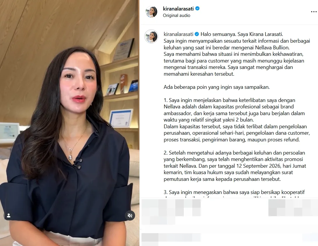 Pernyataan Kirana Larasati © instagram.com/kiranalarasati