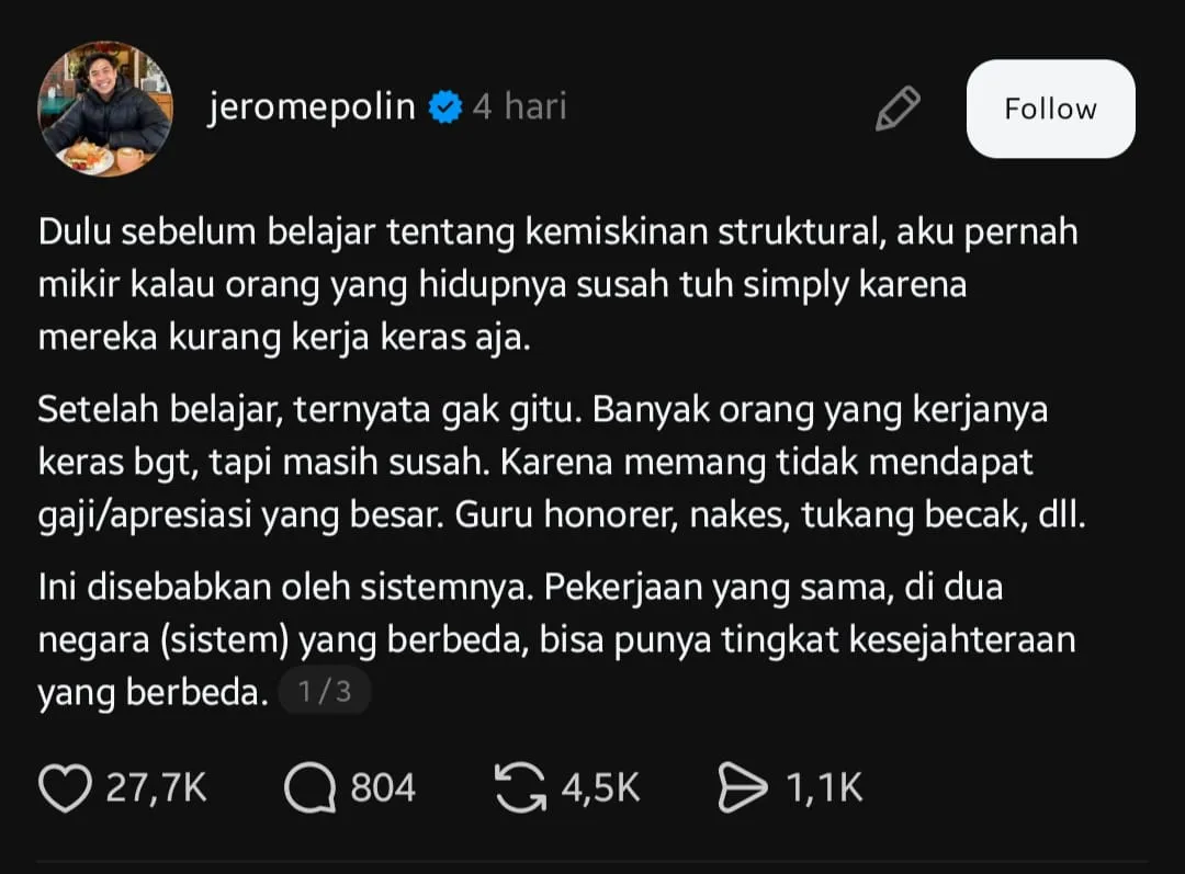 Jerome Polin bahas kemiskinan struktural dan kerja keras di unggahan Threads (Threads.com/jeromepolin)