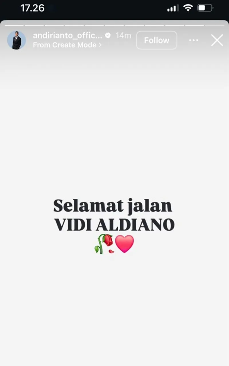 Ucapan selamat jalan Vidi/Instagram/andirianto_official