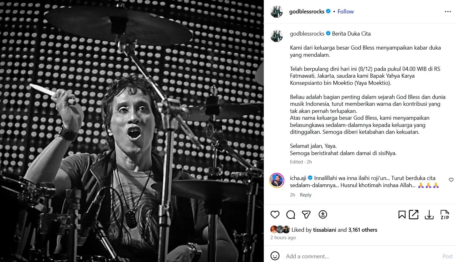 Yaya Moektio meninggal dunia  © instagram/godblessrock