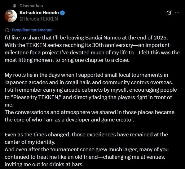 Pengumuman Katsuhiro Harada di X (credit: x.com/@Harada_TEKKEN)