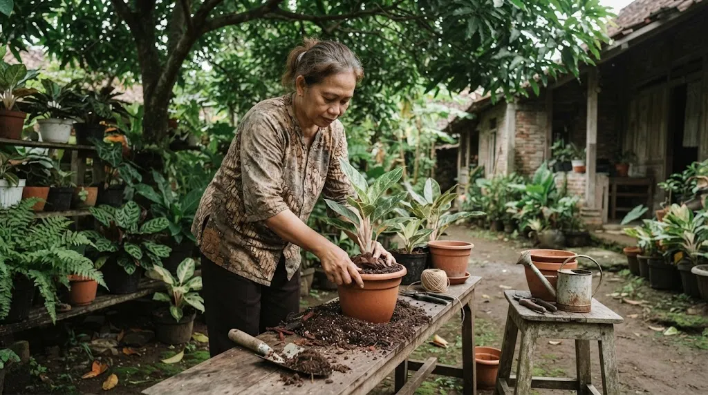 Memupuk Tanaman Baru Beli atau Baru Pindah Pot. (AI Generated)