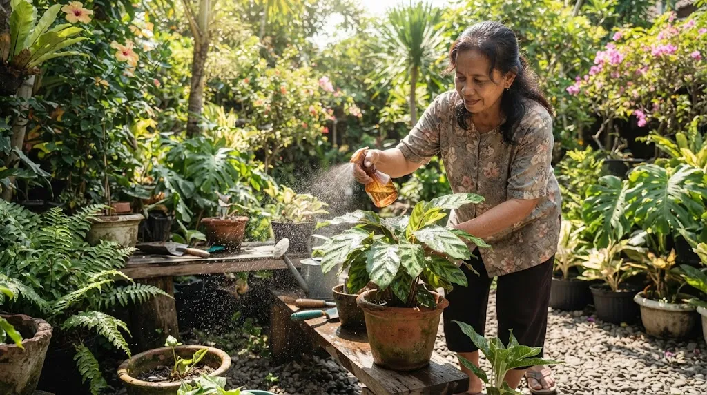 Menyemprot Pupuk Cair pada Daun di Siang Terik. (AI Generated)