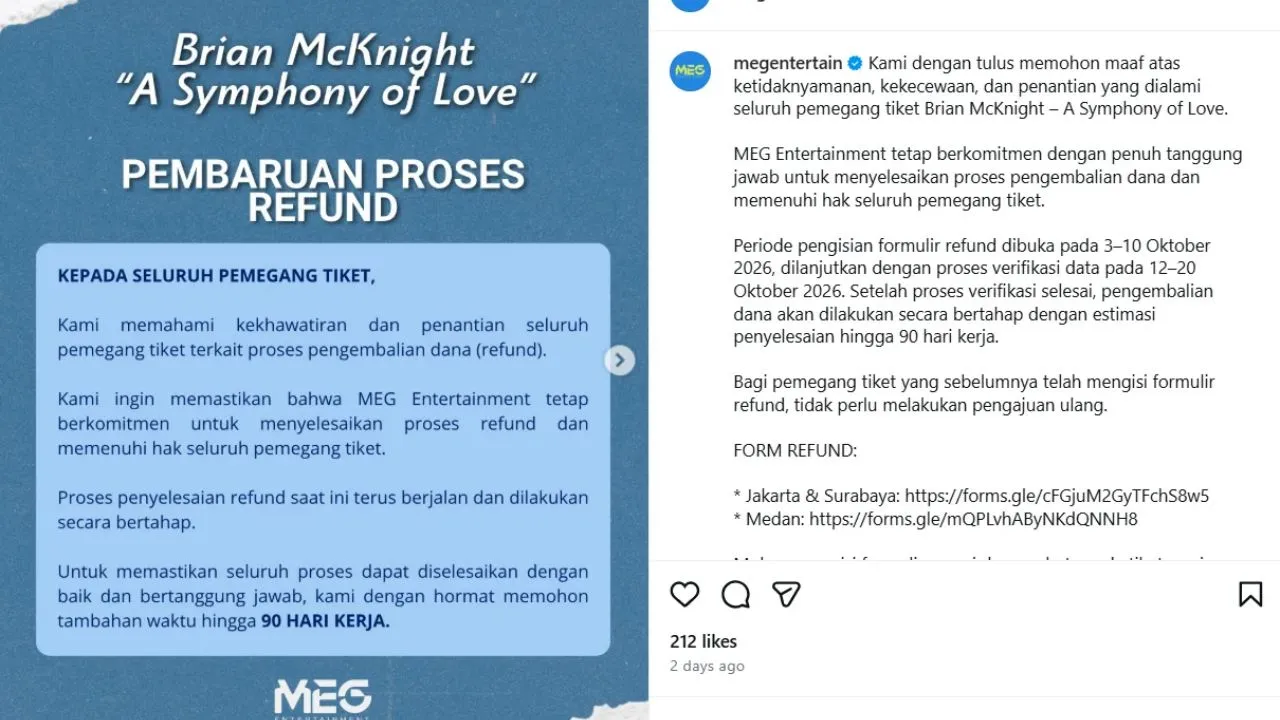 Pernyataan pihak promotor terkait pengembalian dana. (dok. Instagram.com/@megentertain)