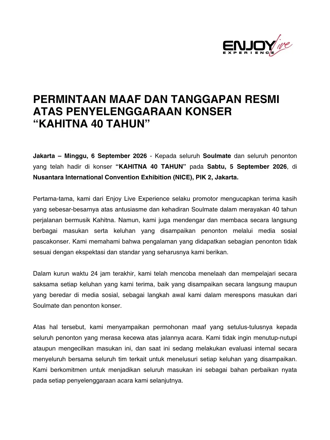 Klarifikasi promotor konser Kahitna 40 Tahun (instagram.com/enjoylive.exp)