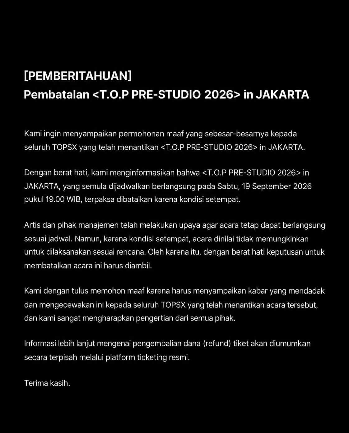 Pemberitahuan Pembatalan Konser T.O.P (credit: instagram.com/tonzentofficial)