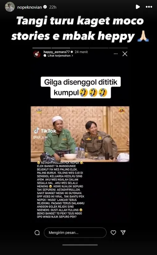 Kronologi Happy Asmara Marah di IG Story Gara-Gara Nopek Novian Dianggap Senggol Gilga Sahid (credit: instagram/nopeknovian)