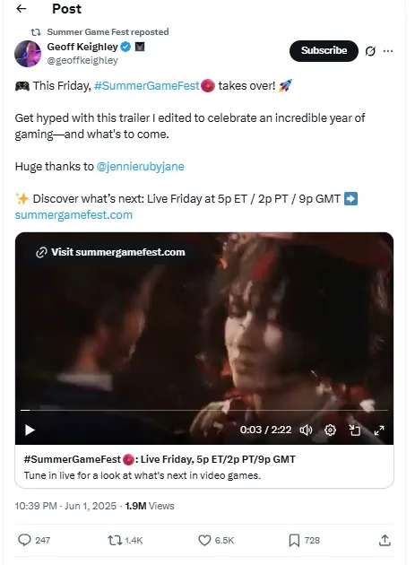 Lagu 'Zen' Jennie BLACKPINK sountrack Summer Game Fest 2025 (credit: X/geoffkeighley)