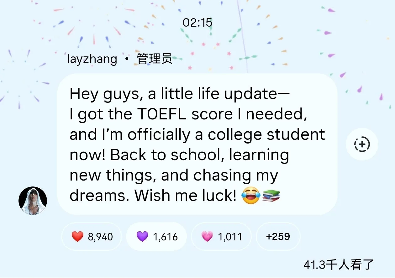 Lay Zhang Umumkan Masuk Kuliah (credit: media sosial Lay Zhang)
