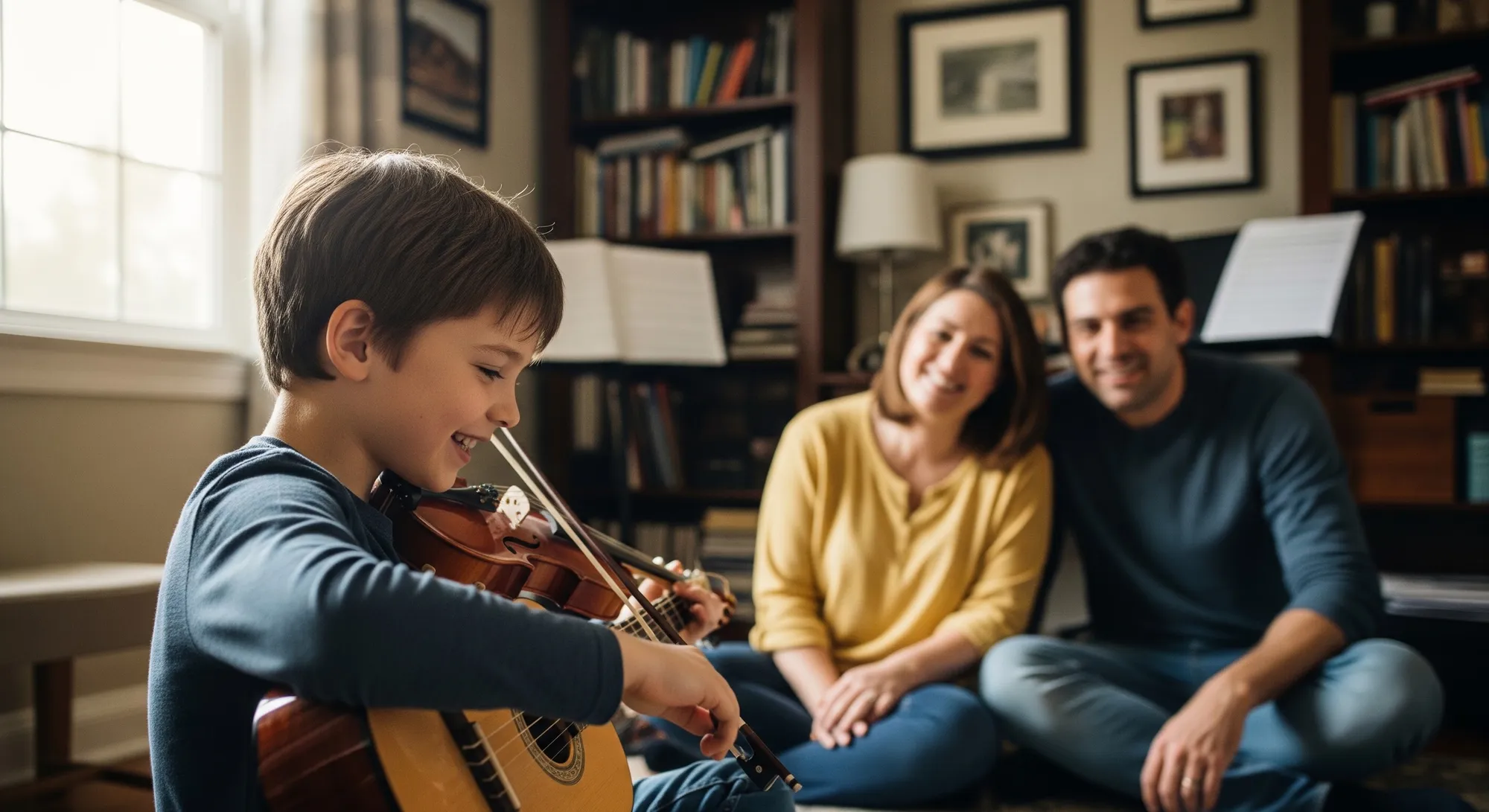 Orang Tua Sedang Melihat Anak Bermain Musik. (AI Generated)