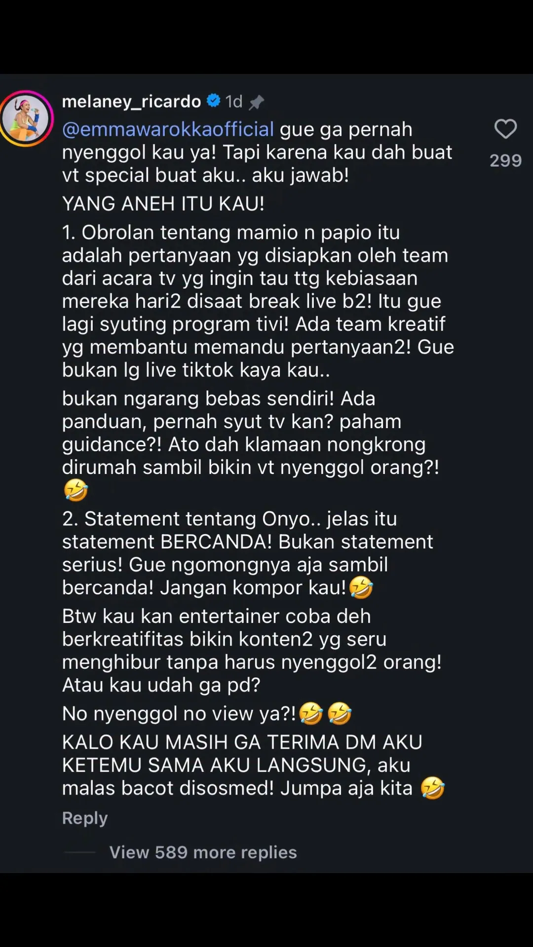 Komentar Melaney Ricardo terhadap video sindiran Emma Waroka (instagram.com/emmawarokkaofficial)