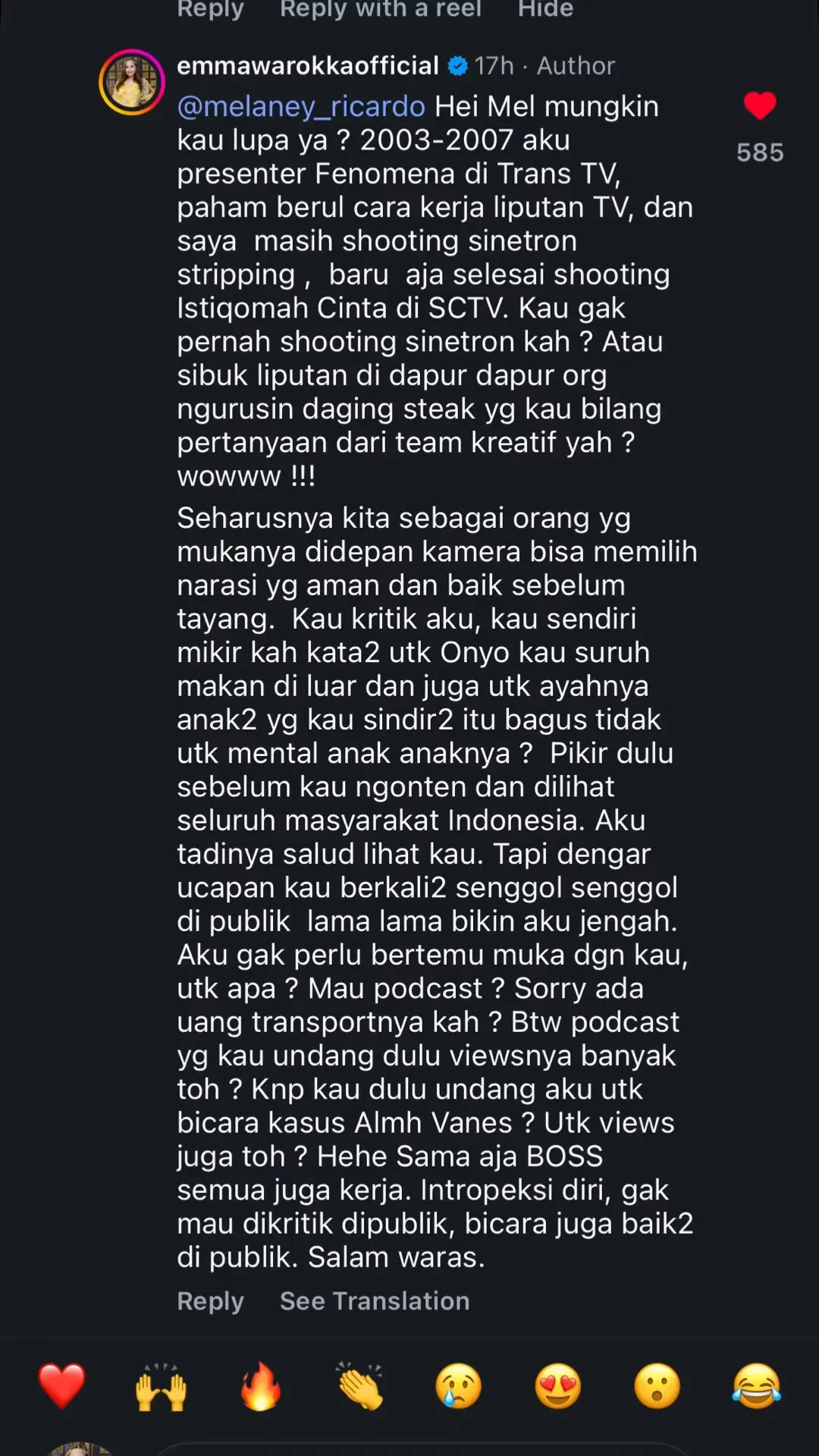 Emma Waroka tanggapi komentar Melaney Ricardo (instagram.com/emmawarokkaofficial)