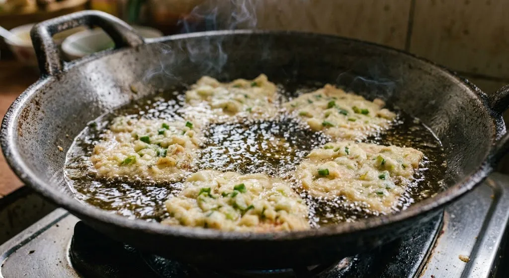 Menggoreng tempe mendoan. [AI Generated]