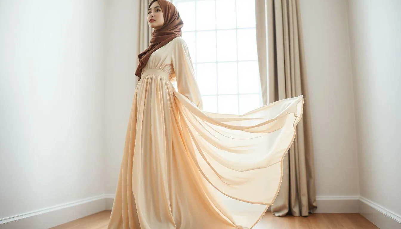 1. Pilih Gamis Empire Waist agar Kaki Terlihat Lebih Panjang (c) Ilustrasi AI
