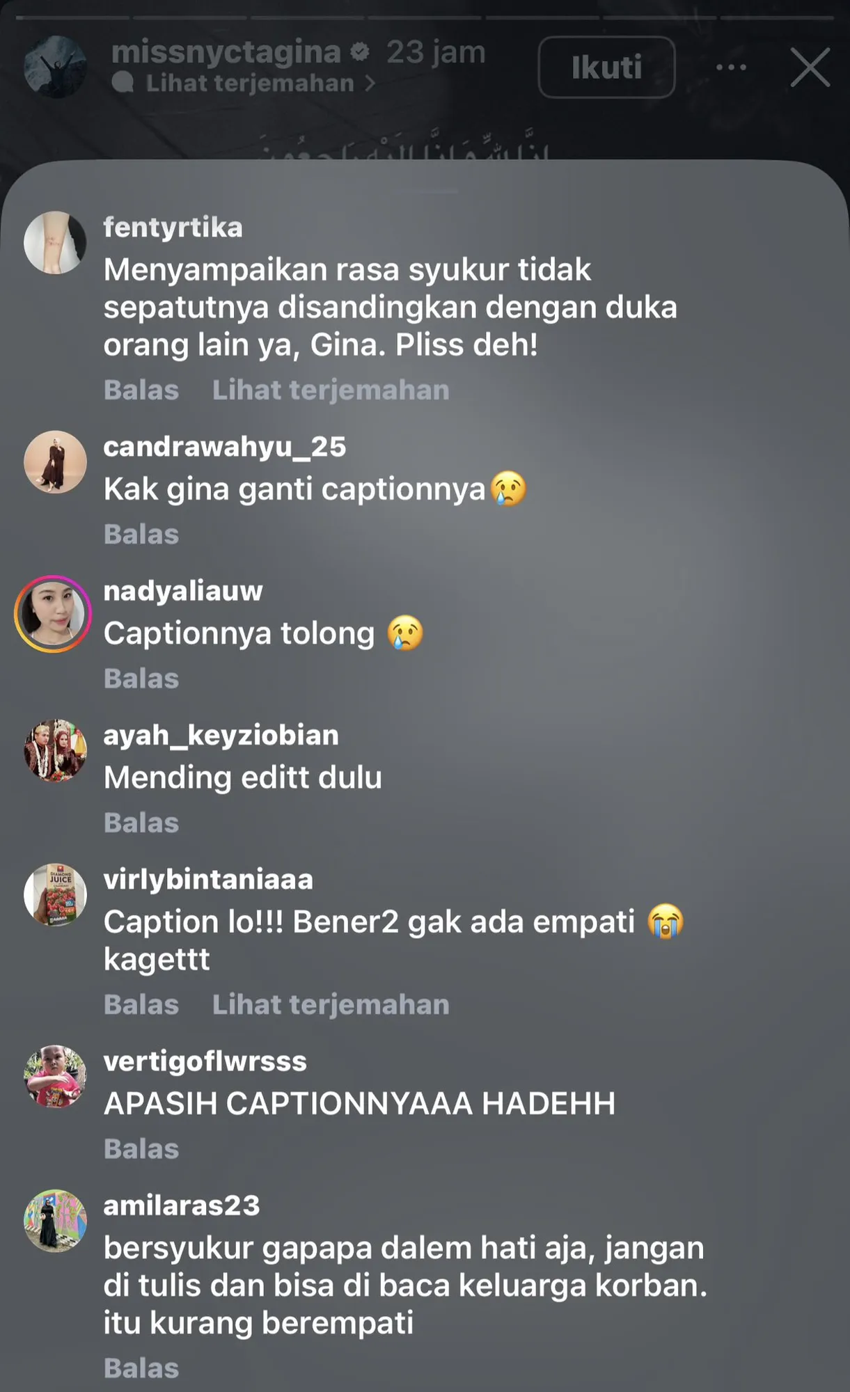 Komentar netizen terkait story Nycta Gina (Credit: instagram.com/missnyctagina)