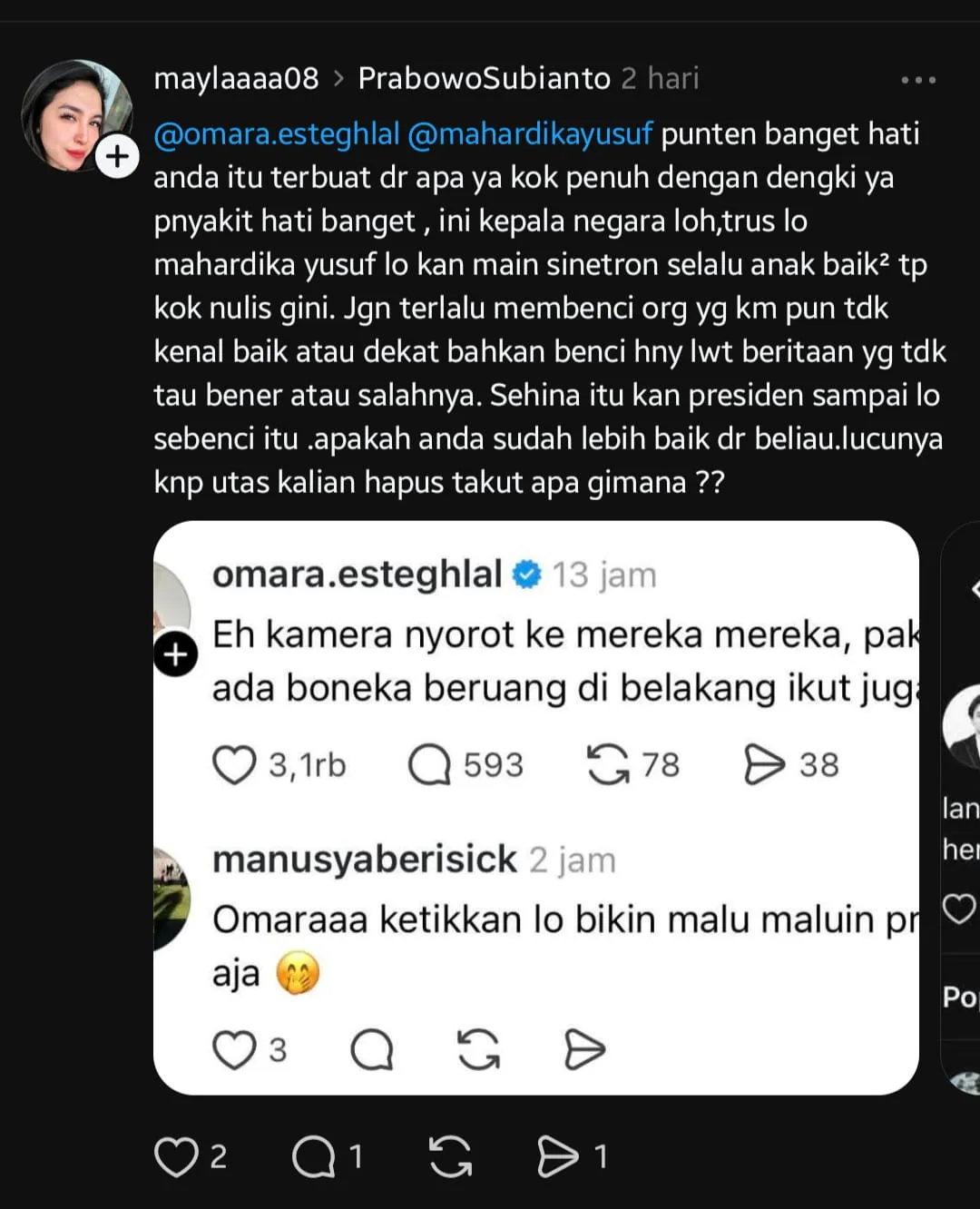 Kritik Netizen terhadap Omara (Threads.com)