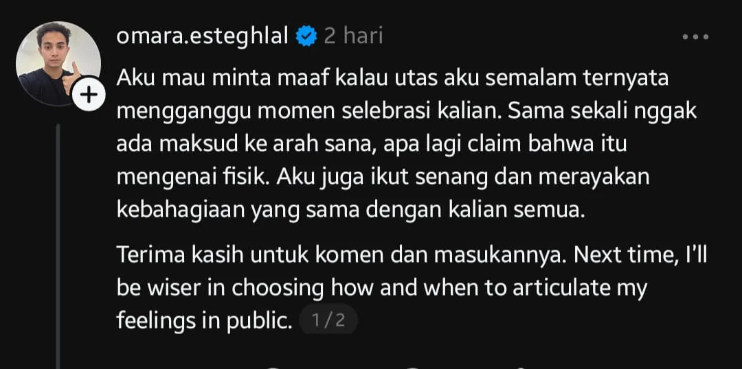 Omara menyampaikan permintaan maaf setelah tuai kritik dari netizen (Threads.com/omara.esteghlal)