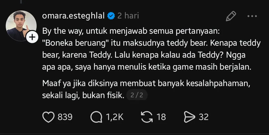 Omara menyampaikan permintaan maaf dan jelaskan maksud boneka beruang setelah tuai kritik dari netizen (Threads.com/omara.esteghlal)