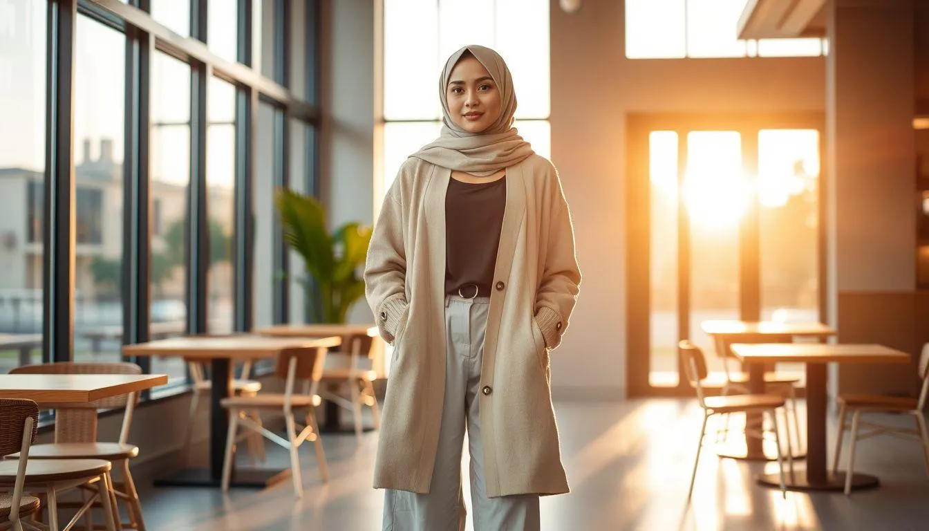 5. Cara Memanfaatkan Teknik Layering pada Outfit Bukber Casual Hijab (c) Ilustrasi AI