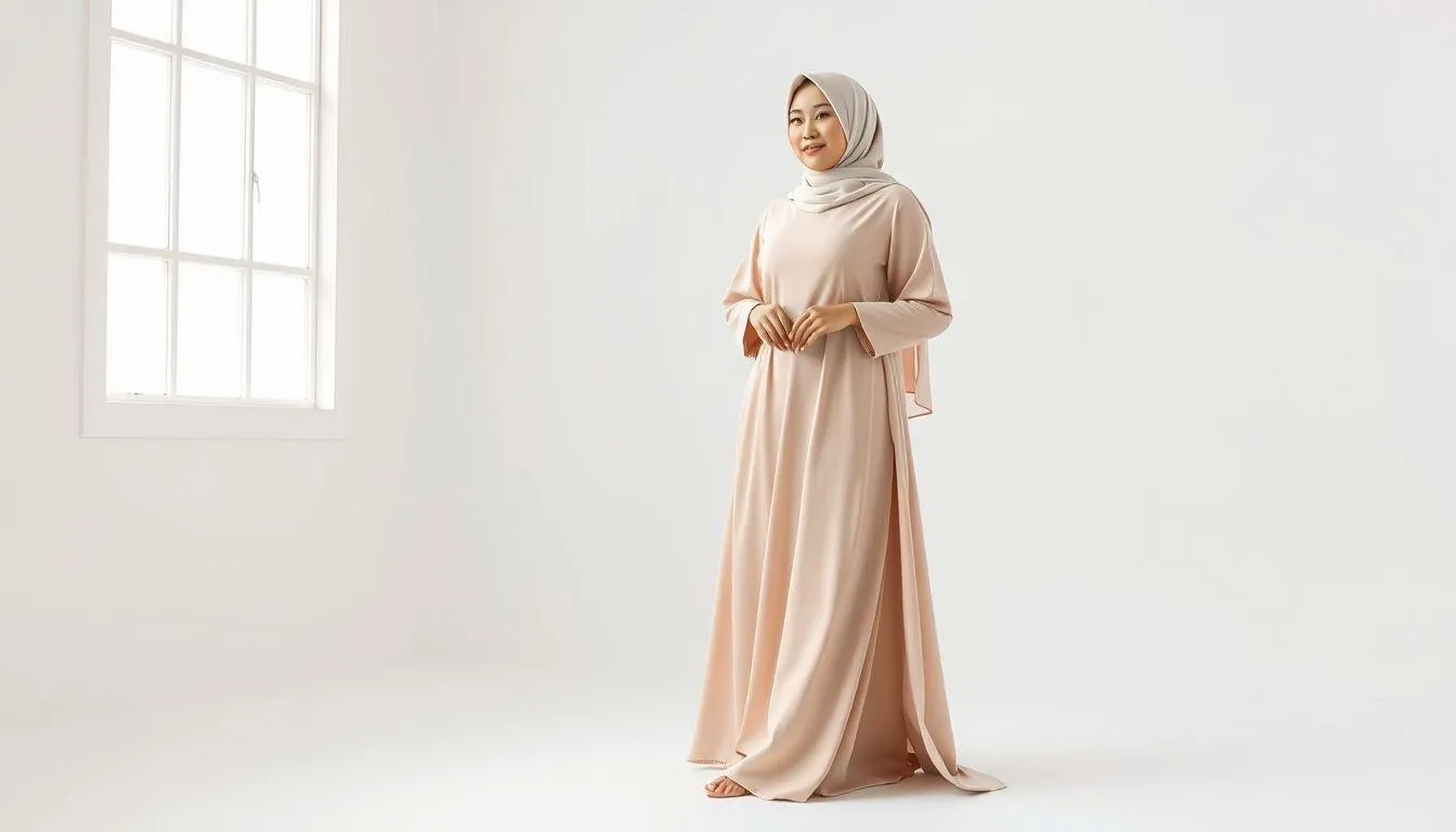 1. Cara Memilih Gamis Potongan A-Line yang Menyamarkan Lekuk Tubuh (c) Ilustrasi AI