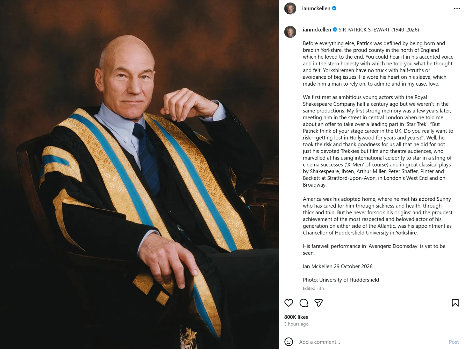 Tribut dari Ian McKellen (instagram.com/ianmckellen)
