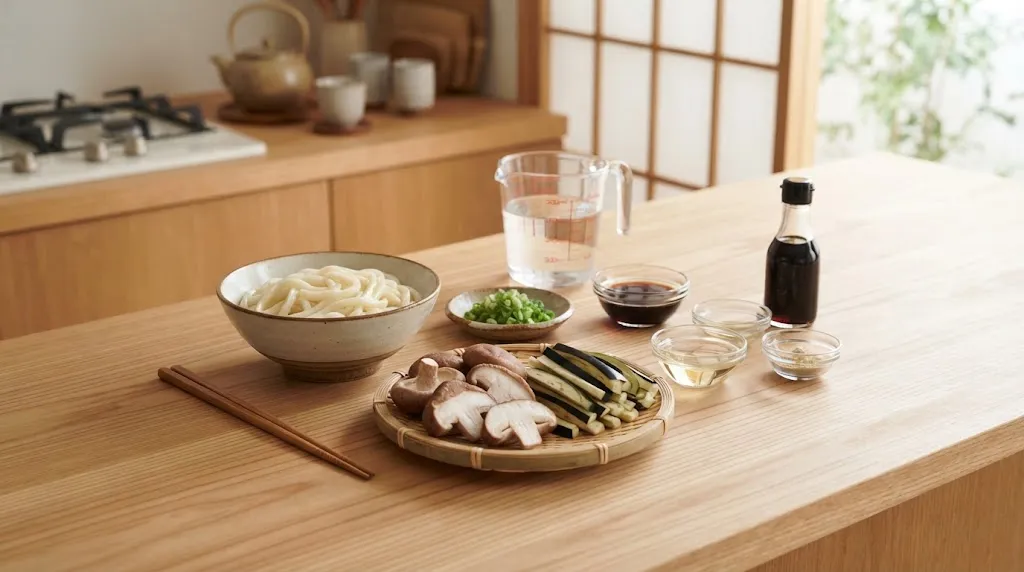Bahan-Bahan Chitake Udon ala Jepang. (AI Generated)