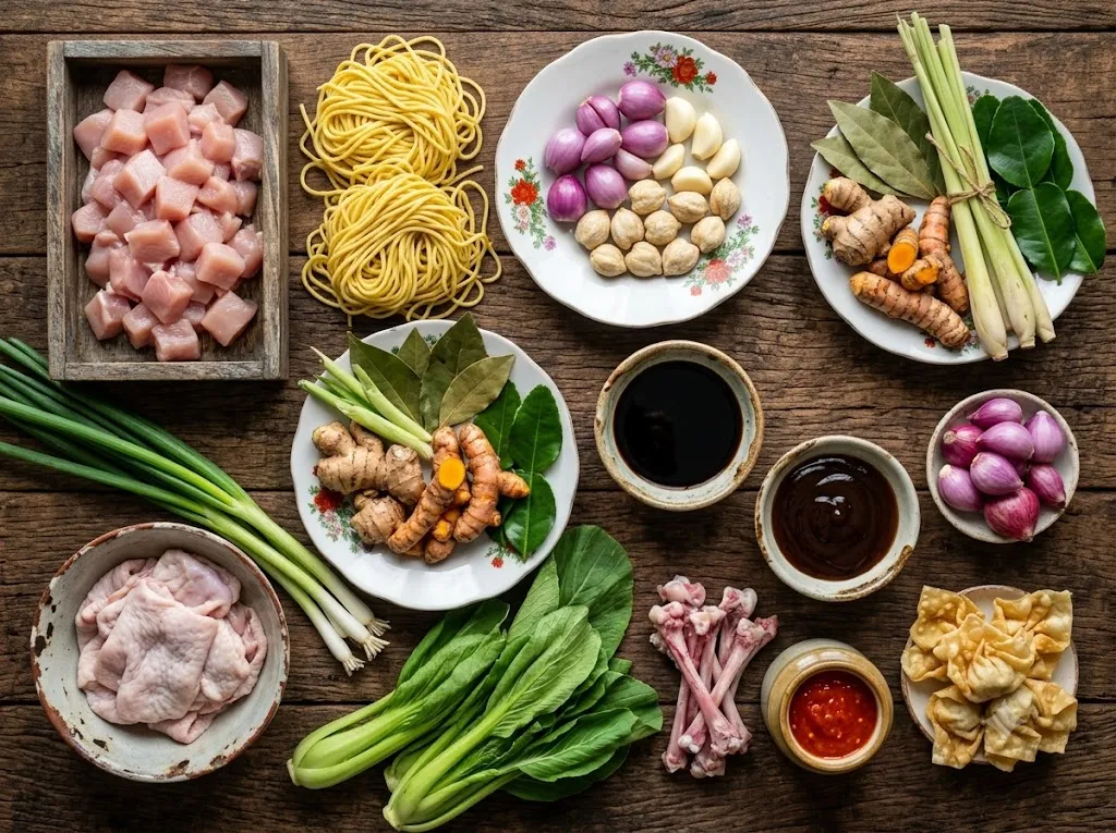 Bahan resep mie ayam ala abang-abang (AI generated)